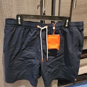 Swms Men's Navy Swim Trunks with Orange Accents